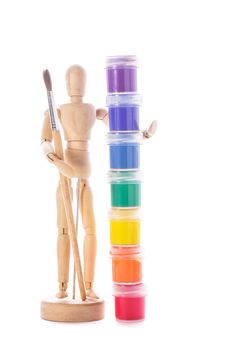 Art concept, wooden figure for modeling poses of human and paints