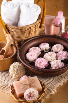 Spa with roses, manicure, relaxing bath and cosmetics