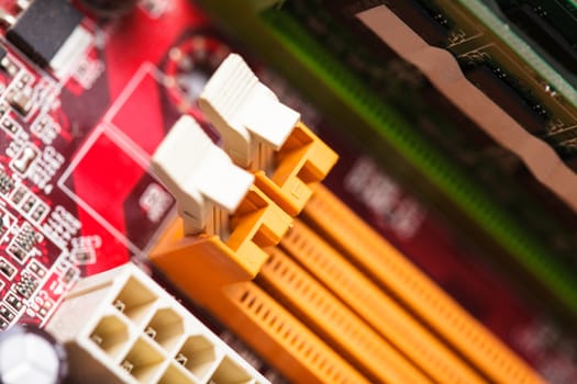 RAM socket closeup on the computer motherboard