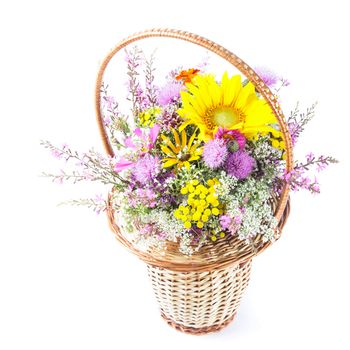 Bouquet of wild flowers and sunflowers in basket isolated