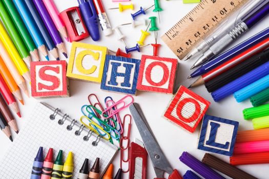 Primary school stationery on a white background