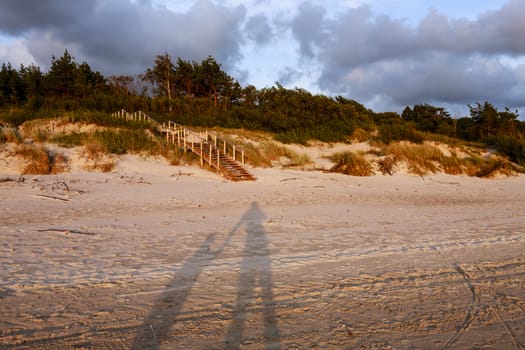 Shadows of two figures - father and son holding hands - in the beach sand and trees, sunset, dramatic sky with clouds, visible coast line.