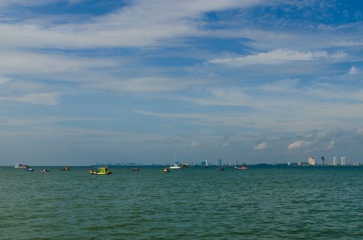 Fishing boat anchor near the city at Bang Sare Chonburi Thailand