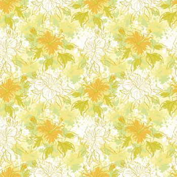 Seamless floral background, hibiscus flowers and leaves and abstract pattern.