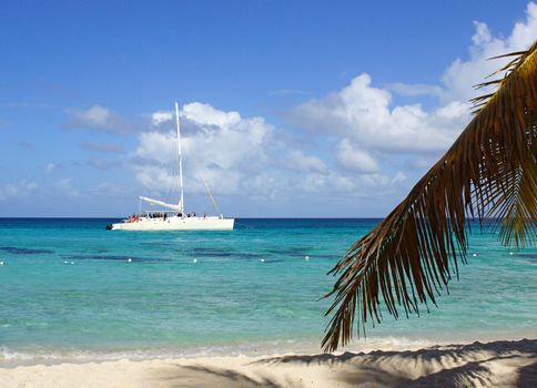 ISLA SAONA, DOMINICAN REPUBLIK - DECEMBER 07, 2013: Catamaran on Caribbean Sea close to the beach on December 07, 2013 at Isla Saona, Dominican Republic