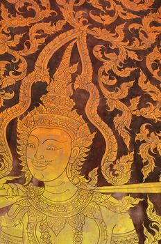 The painting of Thai-style mural on the old wood board
