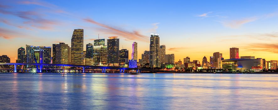 sunset  with business and residential buildings, Miami, panoramic view, USA