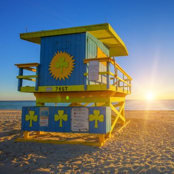 Miami South Beach sunrise with lifeguard tower, USA