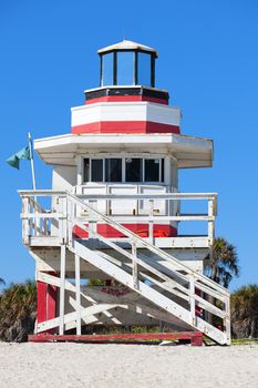 Miami Beach Florida, famous lifeguard house in a typical colorful Art Deco style