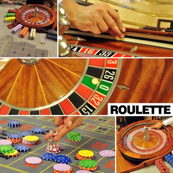 image with a casino roulette table game collage and text