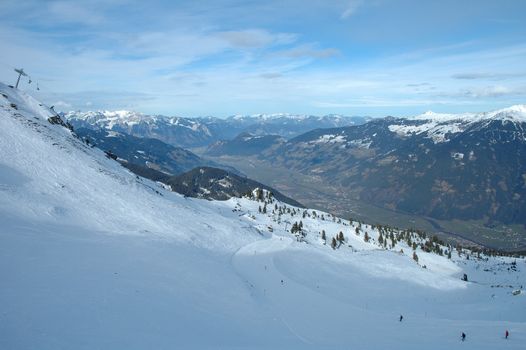 Slope and valley in Alps nearby Kaltenbach in Zillertal valley in Austria