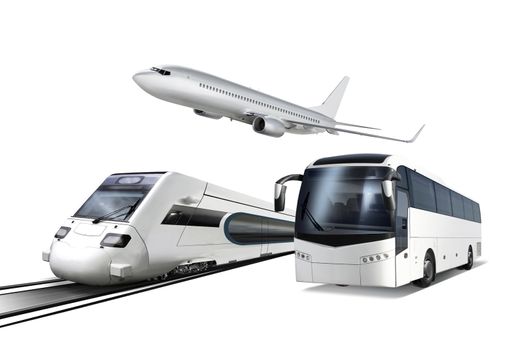 Collage of plane, train and bus isolated on white, transport for travel