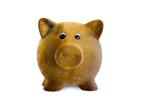 Unique pink ceramic piggy bank isolated, gold