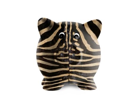 Unique pink ceramic piggy bank isolated, zebra print