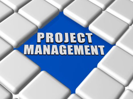 project management - 3d letters over blue between grey boxes keyboard, business growth concept