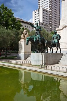 Statue of Spanish writer Miguel Cervantes and his characters Don Quichote with Sancho Panza, Madrid, Spain