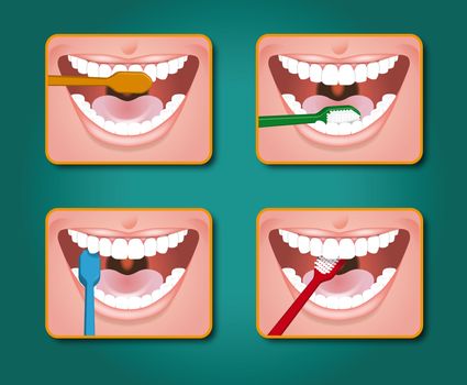 four steps to clean the teeth with toothpaste and toothbrush