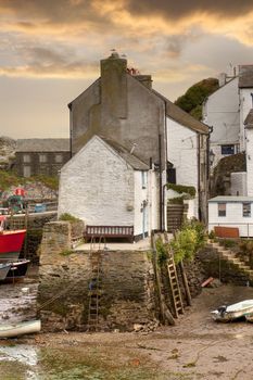 The tide out at the historic fishing village of Polperro, Cornwall, England.