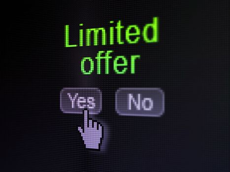 Business concept: buttons yes and no with pixelated word Limited Offer and Hand cursor on digital computer screen, selected focus 3d render