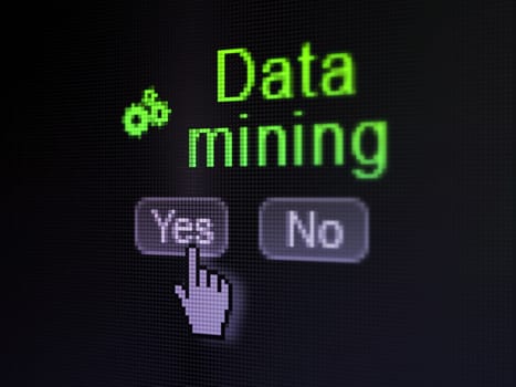 Data concept: buttons yes and no with pixelated Gears icon, word Data Mining and Hand cursor on digital computer screen, selected focus 3d render