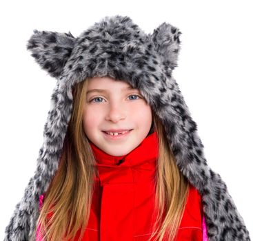 blond kid girl with winter gray feline fur scarf hat in white background