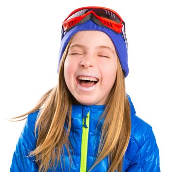 Crazy laughing funny blond kid girl with winter snow equipment hat and goggles
