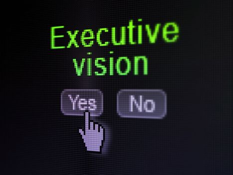 Finance concept: buttons yes and no with pixelated word Executive Vision and Hand cursor on digital computer screen, selected focus 3d render