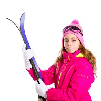 Kid girl ski with snow equipment goggles and winter wool hat