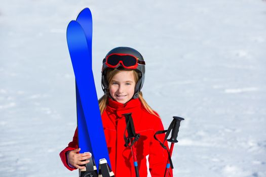 Kid girl winter snow with ski equipment helmet goggles poles