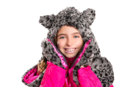 blond kid girl with winter gray feline fur scarf hat in white background