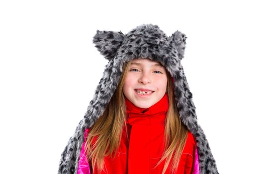blond kid girl with winter gray feline fur scarf hat in white background