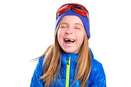Crazy laughing funny blond kid girl with winter snow equipment hat and goggles