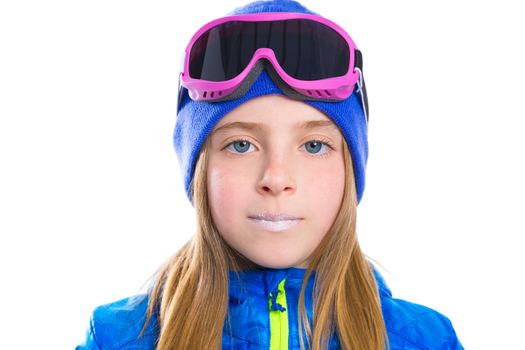 Blond kid girl winter portrait with ski snow goggles and wool hat