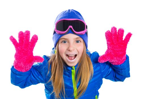 blond kid gir winter snow portrait with open hands pink gloves shouting gesture