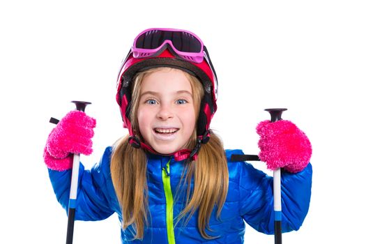 Blond kid girl happy going to snow with ski poles helmet and goggles