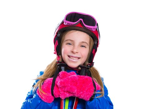 Blond kid girl happy going to snow with ski poles helmet and goggles