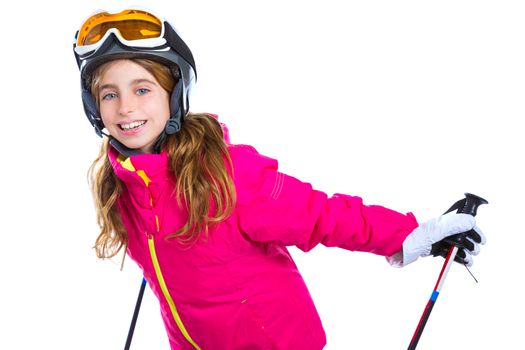 kid girl with ski poles helmet and goggles smiling on white background