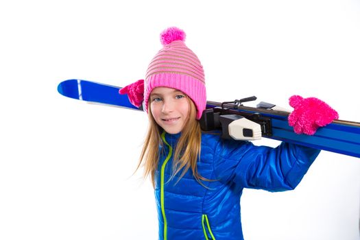 Blond kid girl winter snow holding ski equipment with pink wool hat