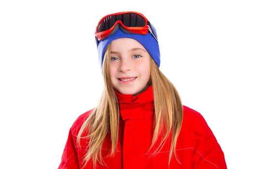 Blond kid girl winter portrait with ski snow goggles and wool hat