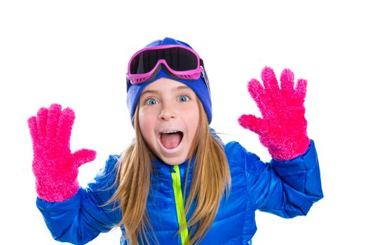 blond kid gir winter snow portrait with open hands pink gloves shouting gesture