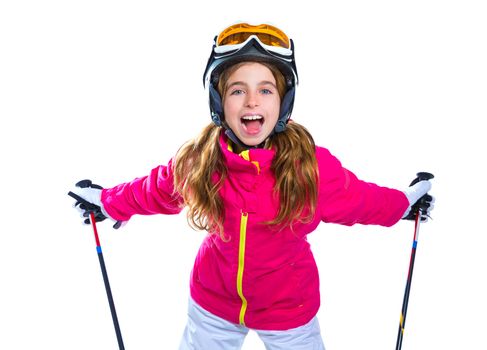 kid girl with ski poles helmet and goggles smiling on white background