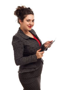 Confident business woman portrait with tablet isolated over a white background