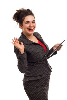 Confident business woman portrait with tablet isolated over a white background