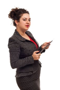 Confident business woman portrait with tablet isolated over a white background