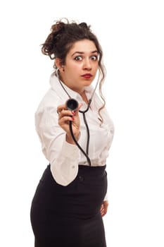 attractive lady doctor with stethoscope on white background