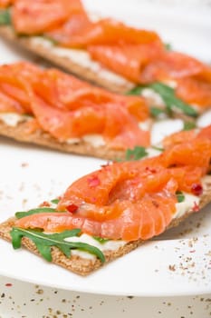 Salted salmon on crispy bread with cheese and arugula, closeup