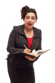 Confident business woman portrait  with notebook isolated over a white background