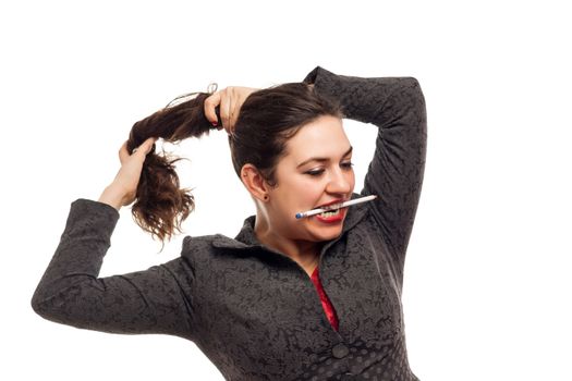 business woman aranging hair isolated over a white background