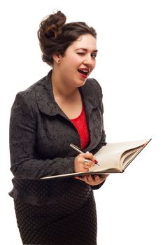 Confident business woman portrait  with notebook isolated over a white background