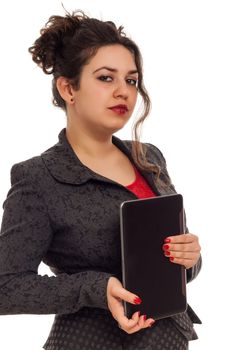 Confident business woman portrait with tablet isolated over a white background